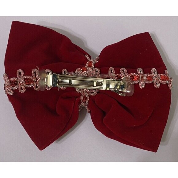 Elegant Red Velvet Bow Hair Clip With Rhinestone & Sequin Embellishments - Picture 3 of 4